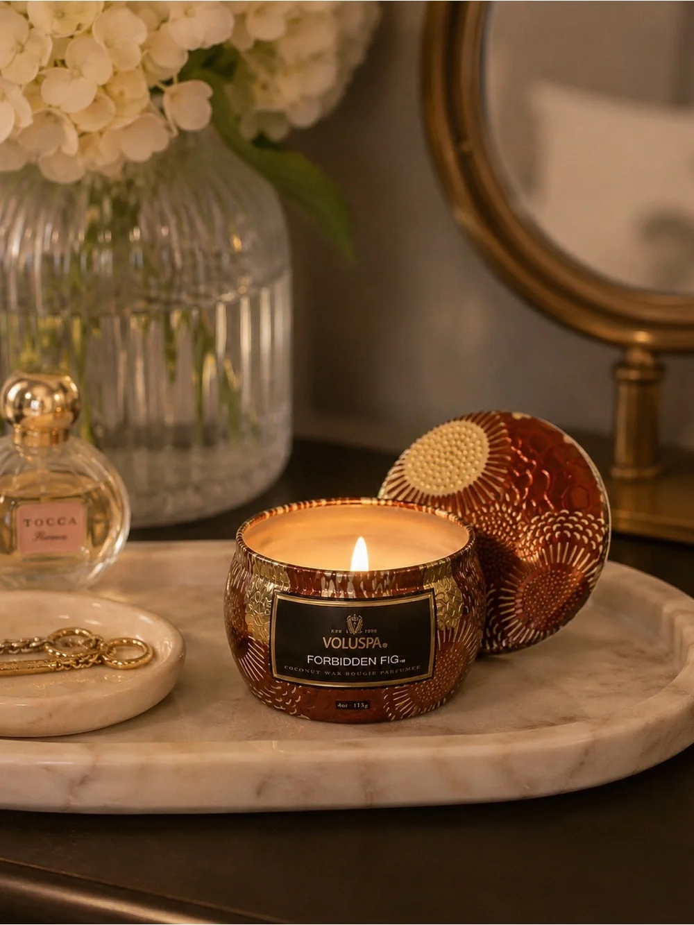 Voluspa Forbidden Fig Candle 4 oz | Coconut Wax Decorative Embossed Tin Luxury